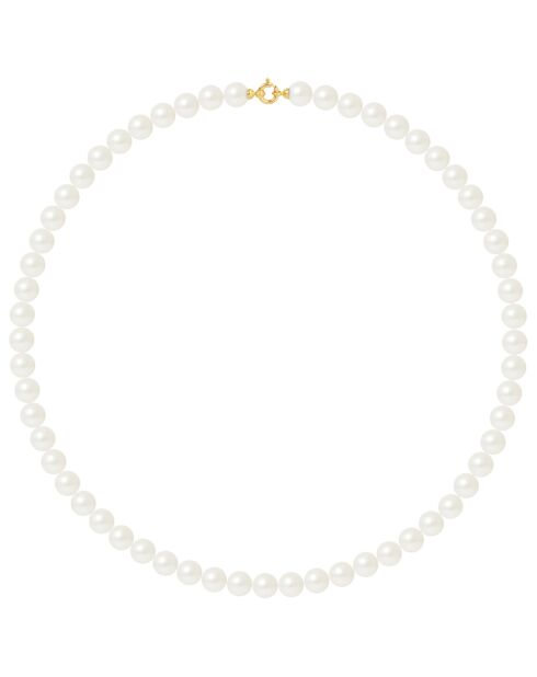 Geelgouden ringketting en natuurlijke witte ronde zoetwaterparels Ø 9-10 mm