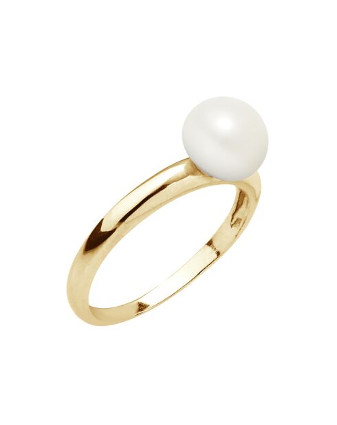 Natürlicher weißer Knopfring aus Gelbgold und Süßwasserperlen