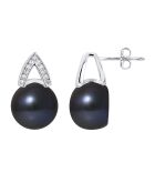 Boucles d'Oreilles Arche en Argent rhodié, Zircones & Perles d'Eau Douce boutons black tahiti
