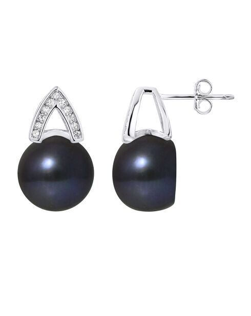 Bogenohrringe aus Rhodiumsilber, Zirkonias und Süßwasserperlen mit schwarzen Knöpfen