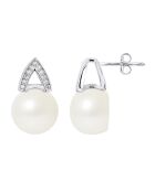 Bogenohrringe aus Rhodiumsilber, Zirkonias und Süßwasserperlen, natürliche weiße Knöpfe