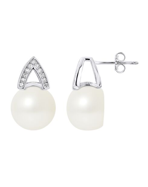 Bogenohrringe aus Rhodiumsilber, Zirkonias und Süßwasserperlen, natürliche weiße Knöpfe