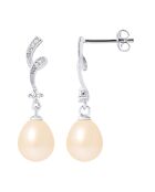 Gerhodineerde oorbellen met wervelingen, zirkonia's en natuurlijke roze peerzoetwaterparels