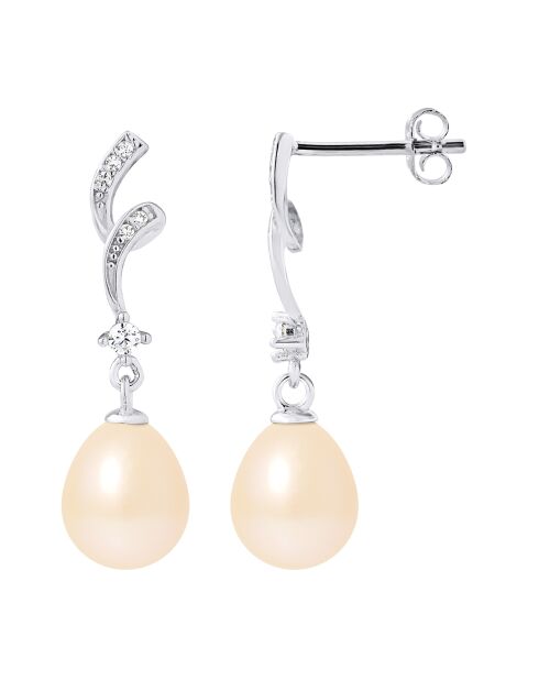 Gerhodineerde oorbellen met wervelingen, zirkonia's en natuurlijke roze peerzoetwaterparels