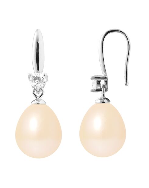 Oorbellen van natuurlijk roze peerzilver, zirkonia en zoetwaterparels