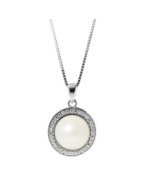 Halsketting in gerhodineerd zilver, zirkonia en zoetwaterparel, natuurlijke witte parelmoerknoop