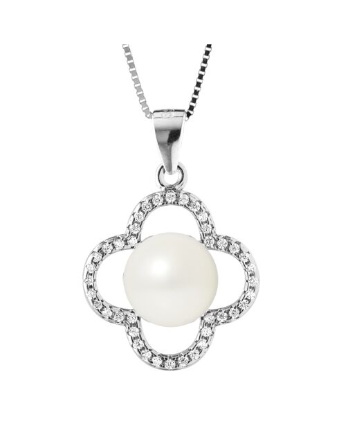Gerhodineerde klaverhalsketting, zirkonia en zoetwaterparel, natuurlijke witte parelmoerknoop