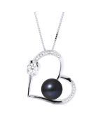 Collier Coeur en Argent, Zircones & Perle d'Eau Douce bouton black tahiti