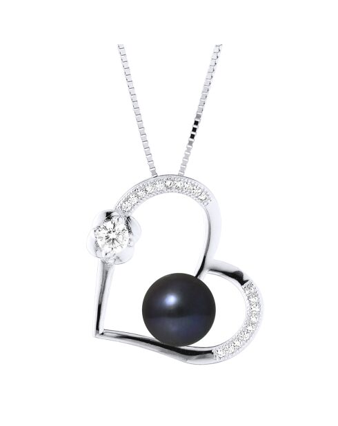 Collier Coeur en Argent, Zircones & Perle d'Eau Douce bouton black tahiti