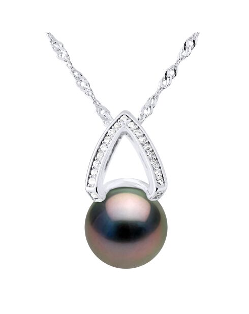 Collier en Argent rhodié, Zircones & Perle de Tahiti ronde