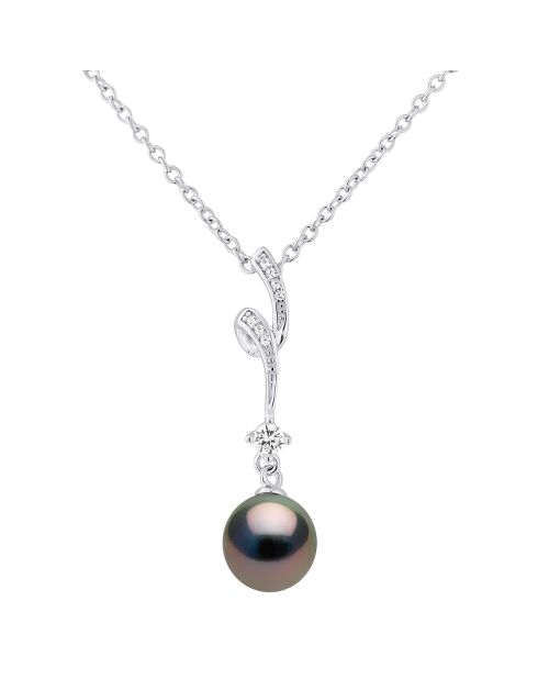 Wirbelhalskette aus Rhodiumsilber, Zirkonia und runde Tahitiperle