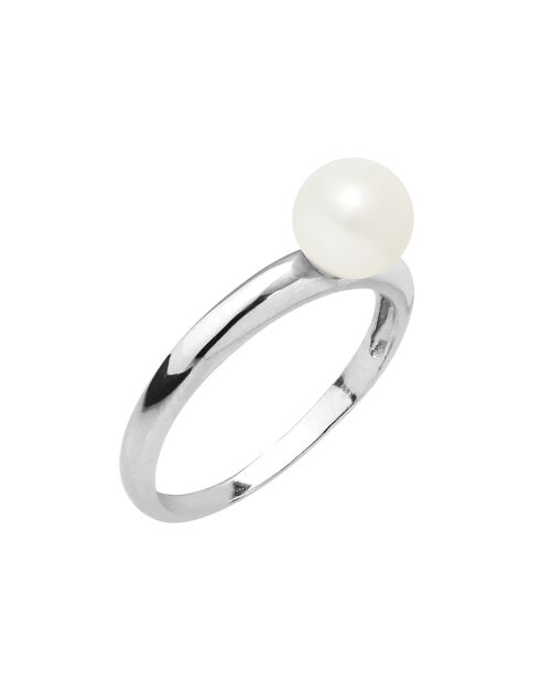 Verstellbarer Ring mit gebogenem Silberring und runder natürlicher weißer Süßwasserperle Ø 6-7 mm
