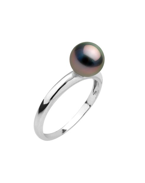 Bague ajustable Jonc Bombée en Argent & Perle de Tahiti ronde Ø 7-8 mm