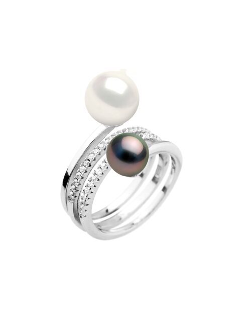 Verstellbarer Ring, Armreif aus Rhodiumsilber, Zirkonia, runde weiße Süßwasserperlen und runde Tahitiperlen