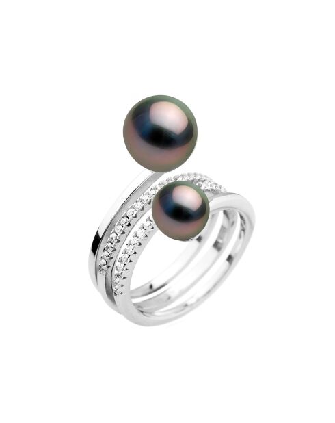 Verstelbare ring met gerhodineerde zilveren armband, zirkonia en ronde Tahitiaanse parels