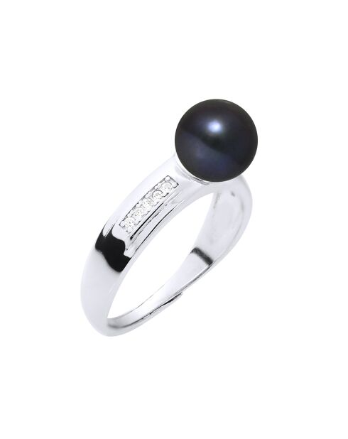 Bague ajustable Jonc en Argent, Zircones & Perle d'Eau Douce ronde black tahiti Ø 7-8 mm