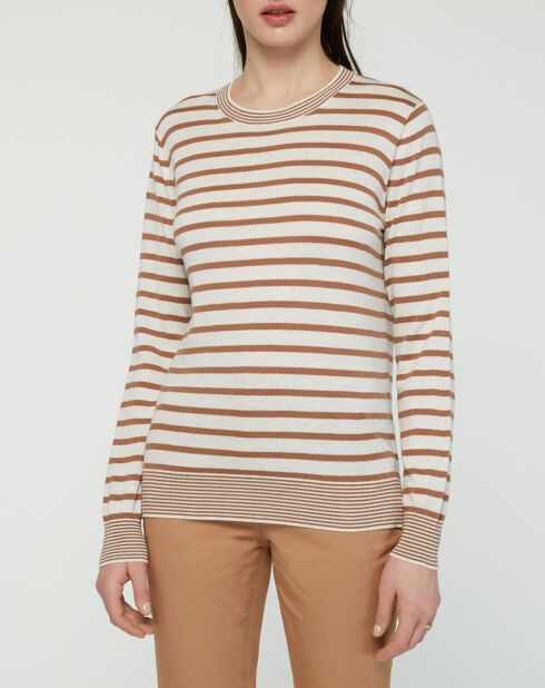 Pull en Coton & Cachemire Yeye rayé col rond écru/beige