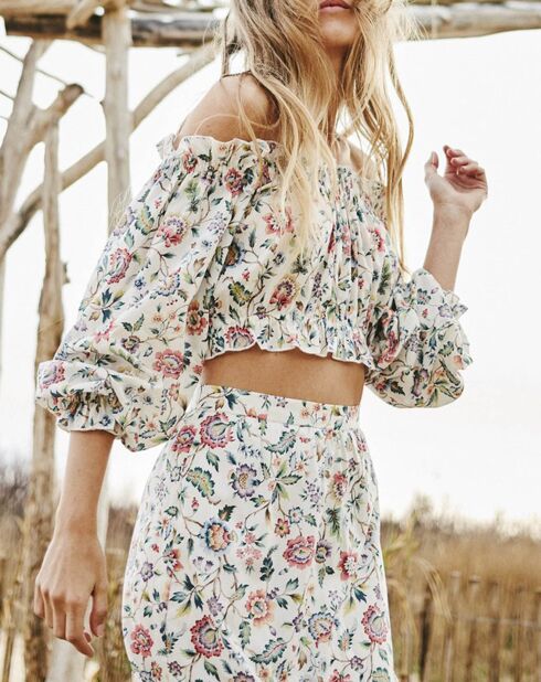Blouse épaules dénudées liberty imprimée multicolore