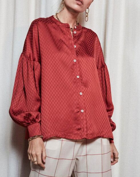 Blouse col mao & manches bouffantes corail