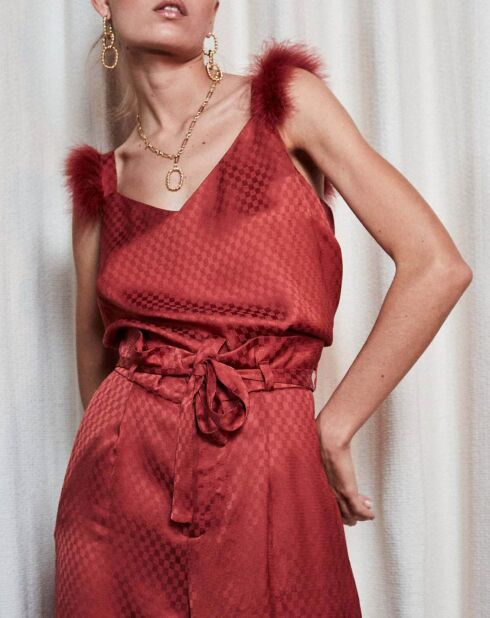 Top vichy détails plumes  corail