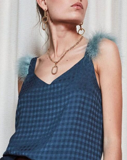 Top vichy détails plumes bleu marine