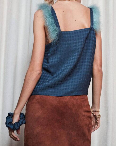 Top vichy détails plumes bleu marine