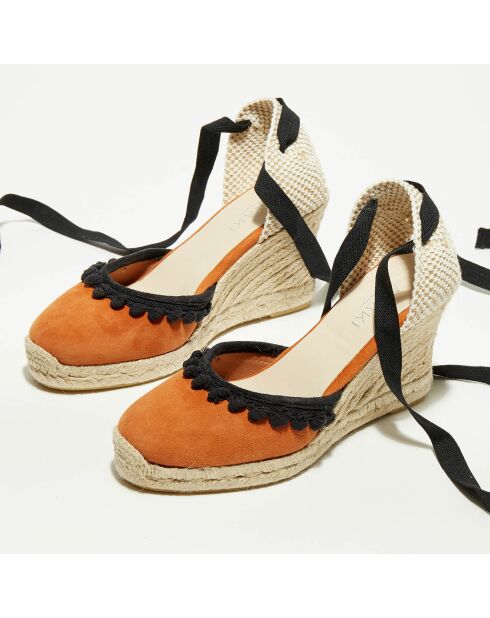Espadrillas con zeppa in pelle Spring brandy in velluto - tacco 9 cm