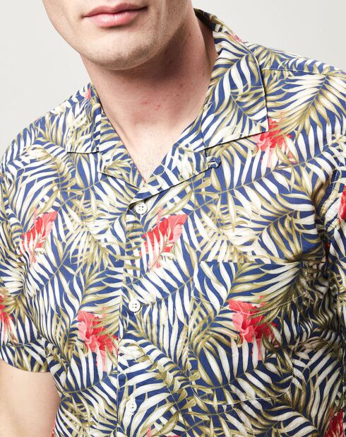 Blauw/groen/rood slim Slam-shirt met tropische print