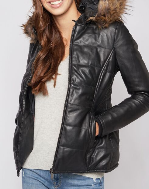 Veste en Cuir Christelle fausse fourrure noire