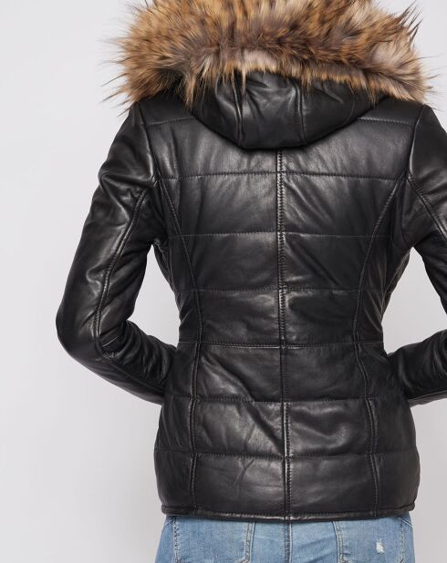 Veste en Cuir Christelle fausse fourrure noire