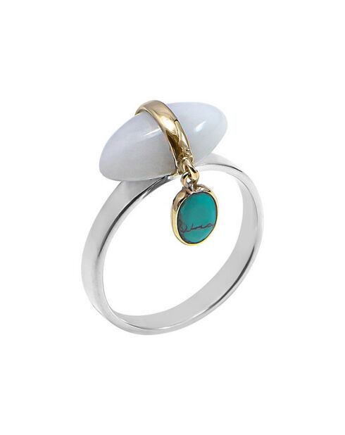 Bague Breloque en Argent, Laiton, Turquoise & Agate blanche