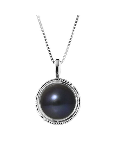 Collier Argent rhodié Perle d'Eau Douce bouton noire