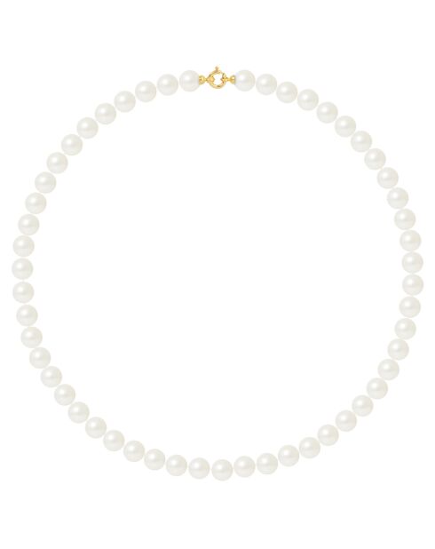 Halskette mit Ring aus Gelbgold, natürliche weiße, runde Süßwasserperlen