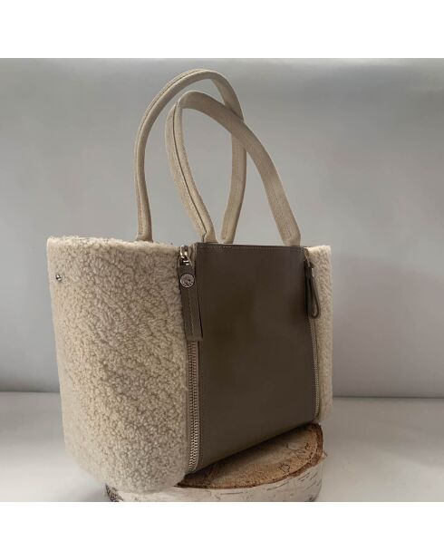 Sac cabas en Cuir & Laine blanc/marron - 29x18x12 cm