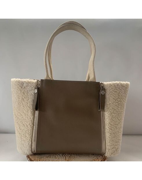 Sac cabas en Cuir & Laine blanc/marron - 29x18x12 cm