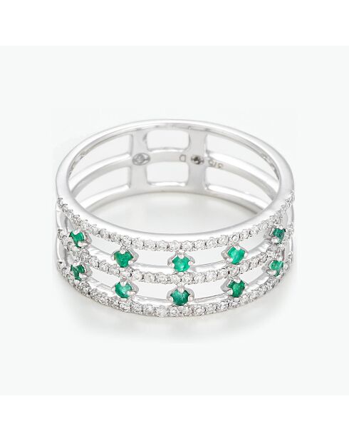 Bague Couronne Diamants 0.234 ct & Emeraudes 0.25 ct or blanc