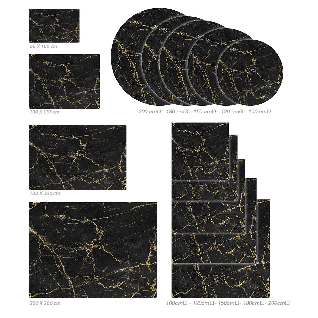 Vierkant marmeren vinyltapijt zwart/goud - 150x150 cm