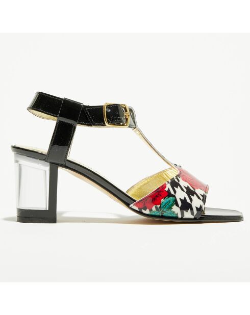 Sandales en Cuir verni & Plexi Cachou noir/blanc - Talon 7 cm