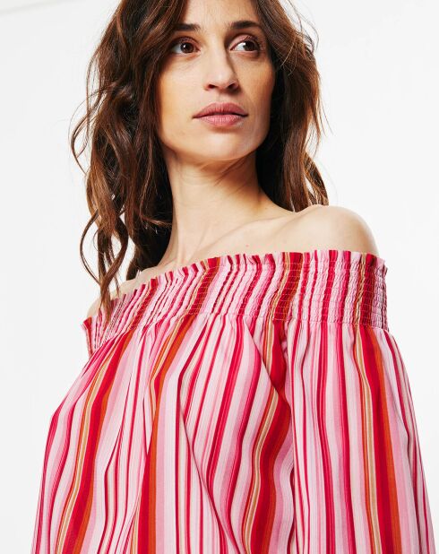 Top in misto seta Rhapsody floreale a righe rosso/rosa