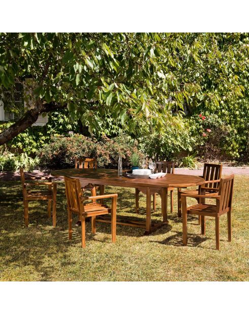 Ensemble de jardin 1 table extensible + 6 fauteuils empilables Maeva teck huilé