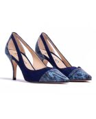 Claire Pumps aus Veloursleder und Pythonleder in Marineblau — 7,5 cm Absatz
