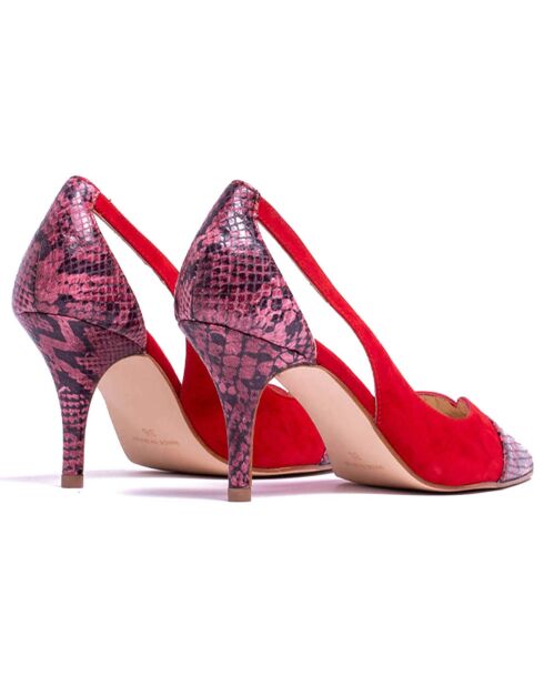 Escarpins en Velours de Cuir & Cuir python Claire rouges - Talon 7.5 cm