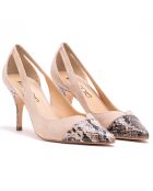 Zapatos Claire de piel de terciopelo nude y piel de pitón, tacón de 7,5 cm