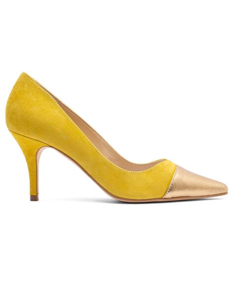 Escarpins en Velours de Cuir & Cuir Monica doré/jaune - Talon 7 cm