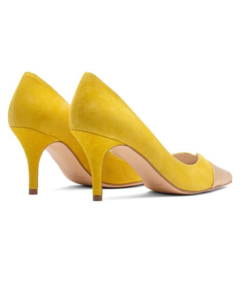 Escarpins en Velours de Cuir & Cuir Monica doré/jaune - Talon 7 cm