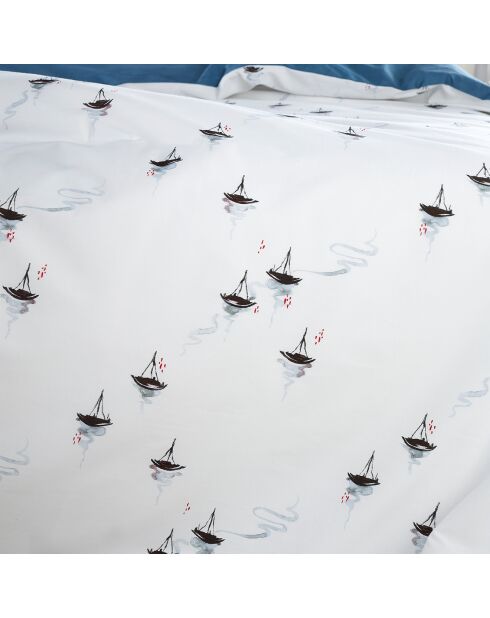 Parure housse de couette percale de coton Hiroshi bleu/blanc