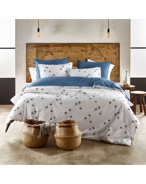 Parure housse de couette percale de coton Hiroshi bleu/blanc
