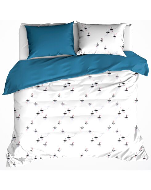 Parure housse de couette percale de coton Hiroshi bleu/blanc