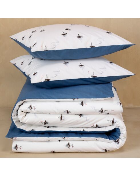 Parure housse de couette percale de coton Hiroshi bleu/blanc