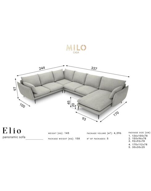 Canapé d'angle droit panoramique Elio beige clair - 337x244x95 cm